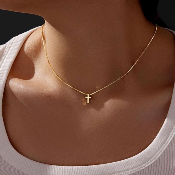 Christian Baptism Cross Necklace Dainty 14K Real Gold Plated Cross Pendant - Picture 3 of 5